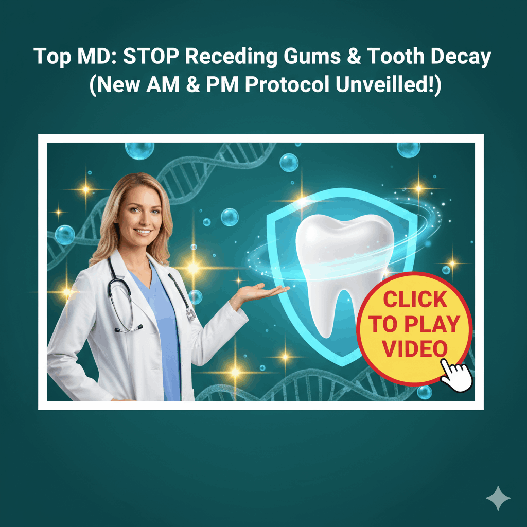 Doctor points at sparkling tooth and play button video banner